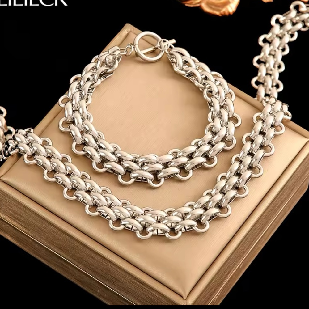 Stainless Steel Silver Color Cuban Chain Statement Necklace Bracelet Set Charm